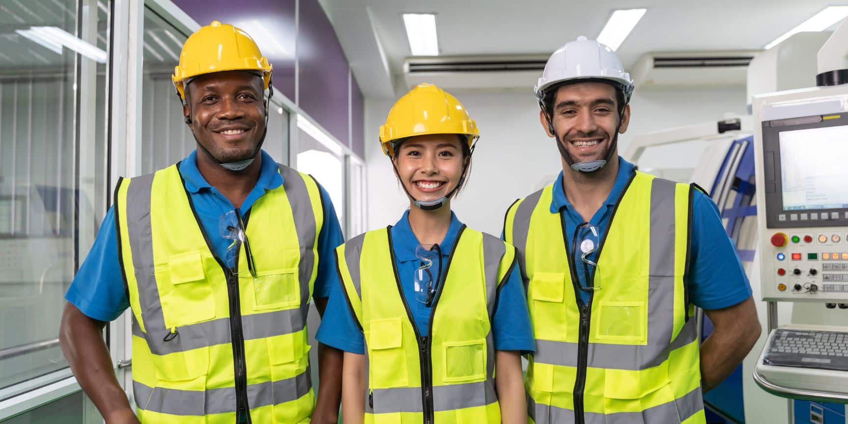 3 happy industrial workers wearing safety vests and hard hats
